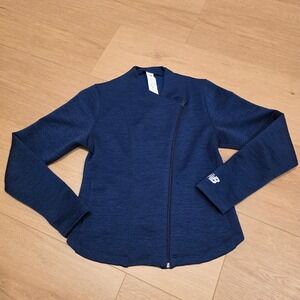 New Balance x Isaac Mizrahi Asymmetric Bomber Jacket Size S Navy Blue Zip Knit